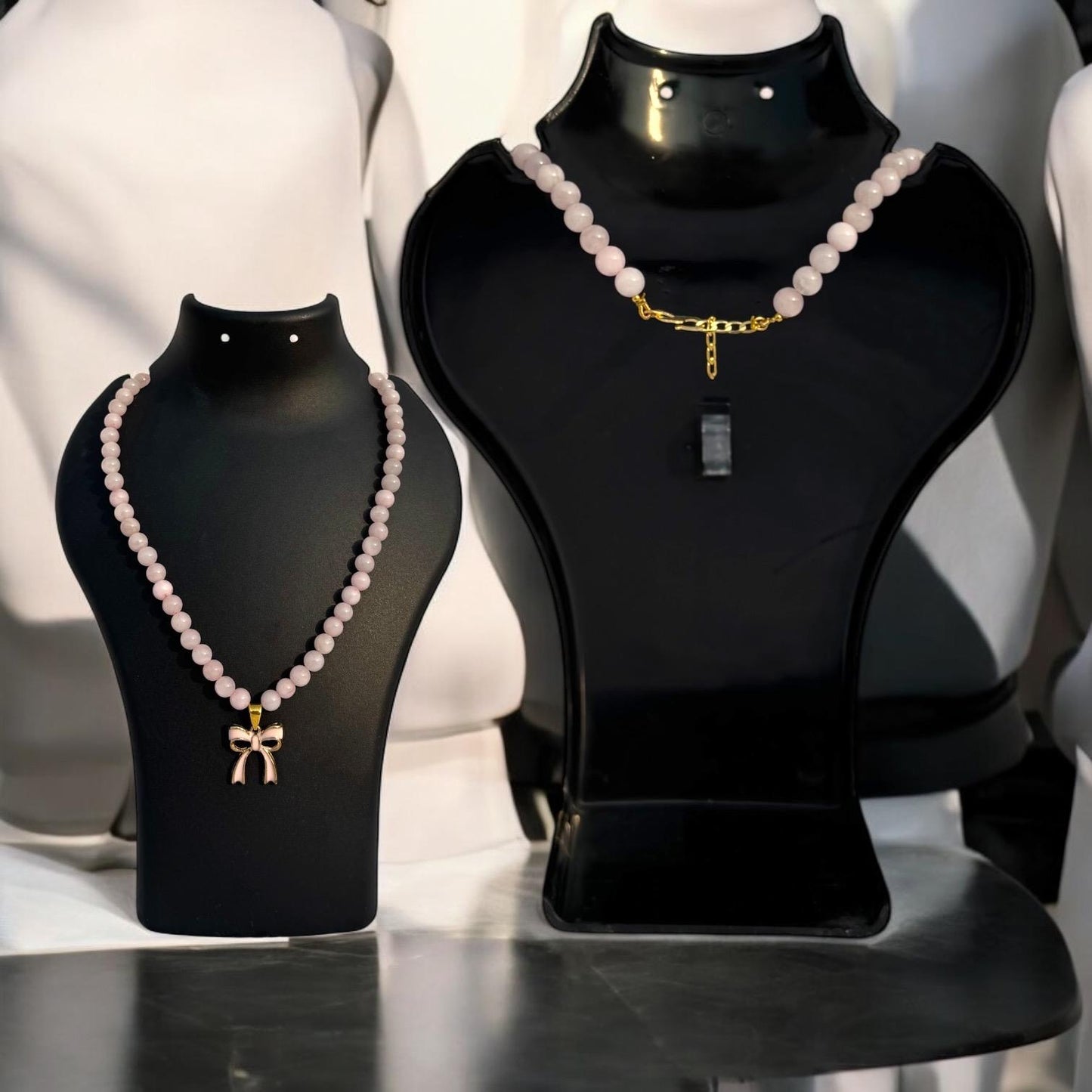 Rose Quartz Love & Elegance Necklace – with Golden Bow Pendant