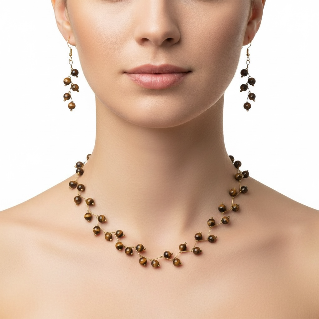 Tiger Eye Vine Design – Beaded Choker Necklace with Earrings