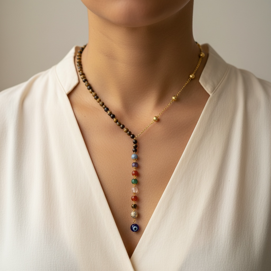 Tiger Eye with 7 Chakras Y-Shaped Beaded Necklace