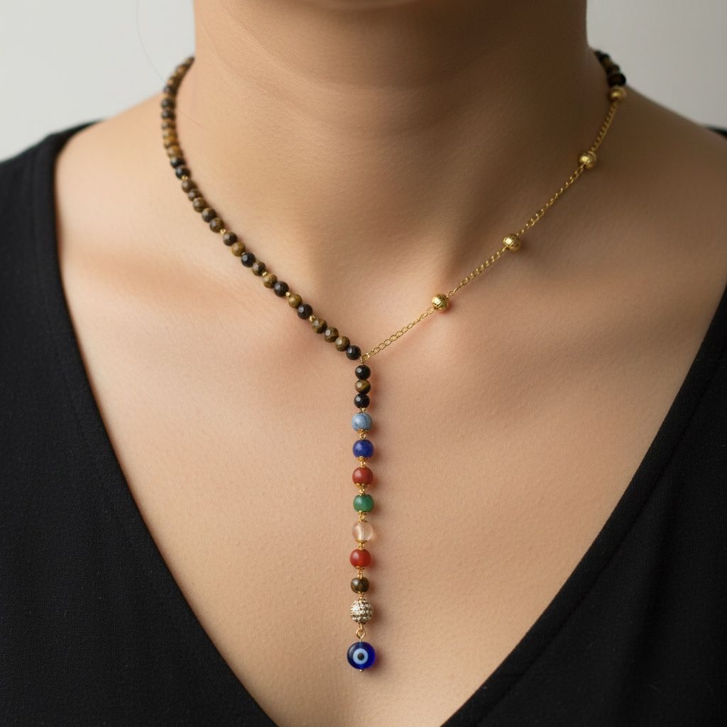 Tiger Eye with 7 Chakras Y-Shaped Beaded Necklace
