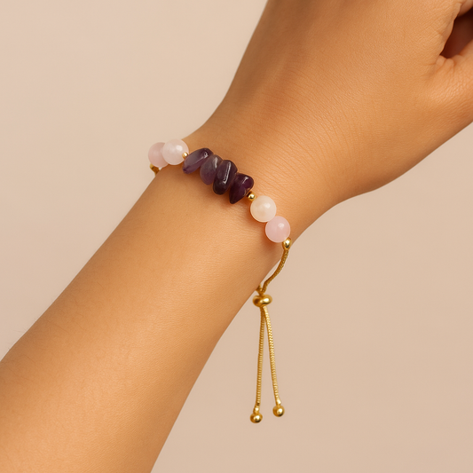 Amethyst, Rose Quartz & Clear Quartz Adjustable Chip Bracelet