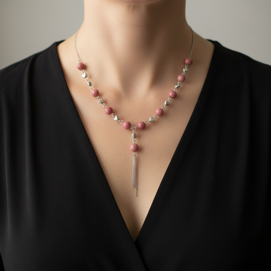 Pink Rhodonite Heart Blossom Necklace – Emotional Healing & Self-Love (Anti-Tarnish Chain)