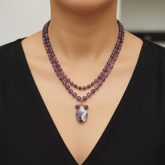 Amethyst Double Layer Necklace With oval Drop Pendant