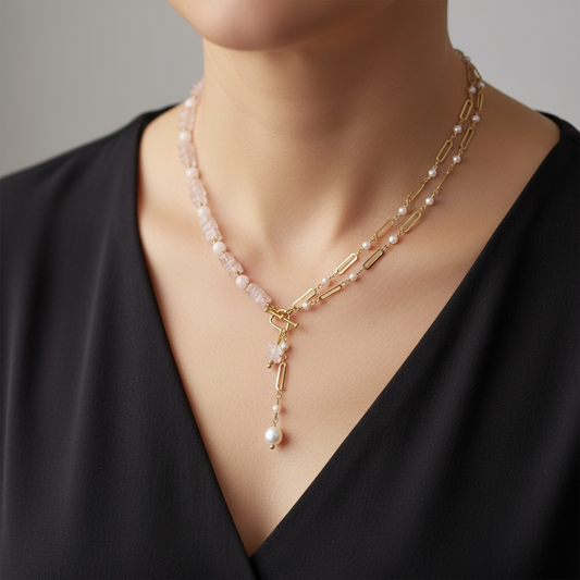 Rose Quartz Round & Hishi Beads Y- Necklace—Anti Tarnish Golden Chain