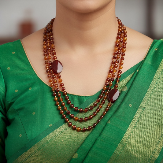 Carnelian Beaded Necklace (Triple Layer Mala) with Faceted Oval Stones for Motivation and Good Energy