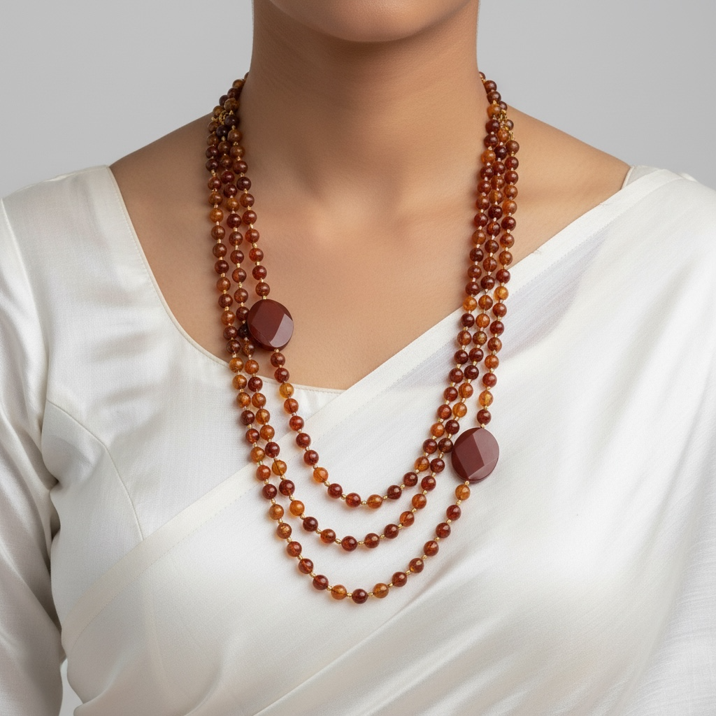 Carnelian Beaded Necklace (Triple Layer Mala) with Faceted Oval Stones for Motivation and Good Energy