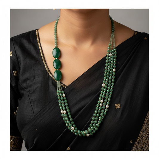 Green Aventurine Beaded Necklace (Single & Triple Layer Mala) with Faceted Oval Stones for Prosperity