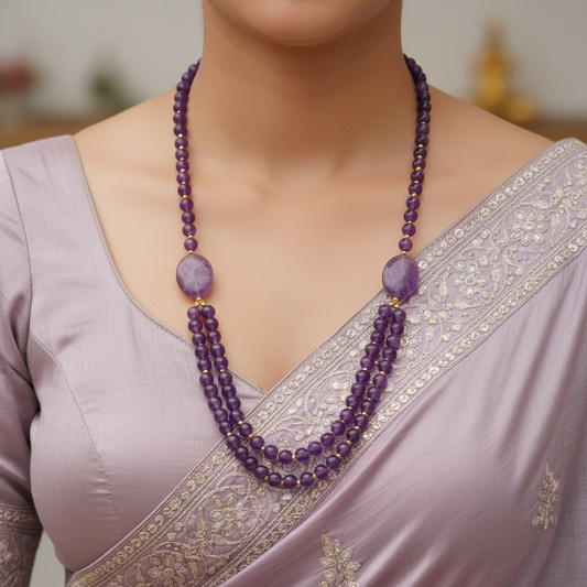 Amethyst Double Layer Necklace with Adjustable Dori – Crystal of Peace, Intuition & Spiritual Protection