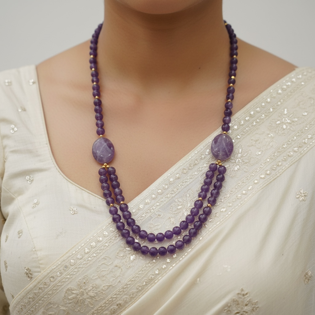 Amethyst Double Layer Necklace with Adjustable Dori – Crystal of Peace, Intuition & Spiritual Protection