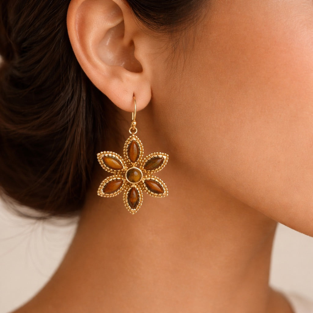 Tiger Eye Flower Style Earrings – Confidence, Protection & Inner Strength