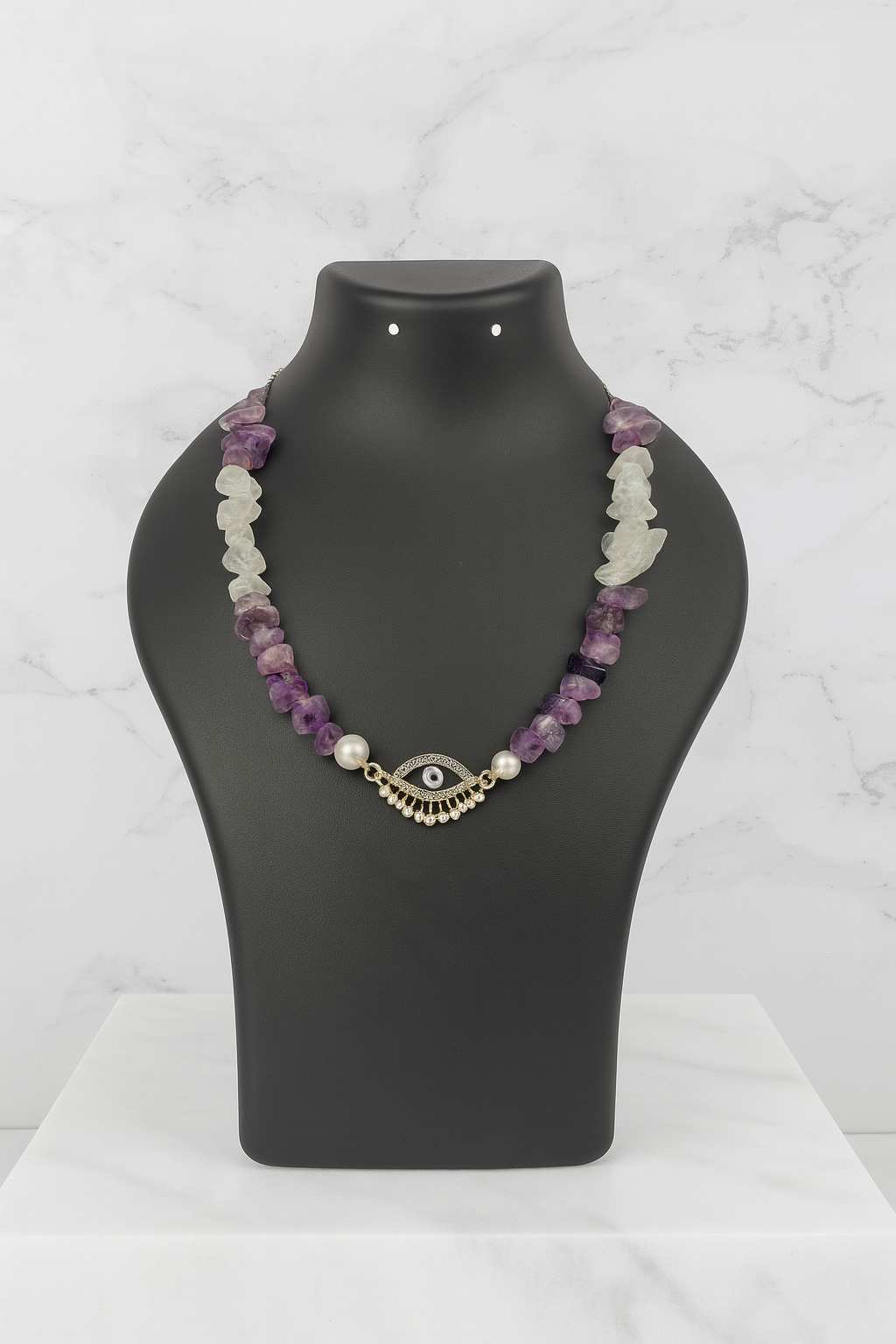 Amethyst & Clear Quartz Evil Eye Necklace