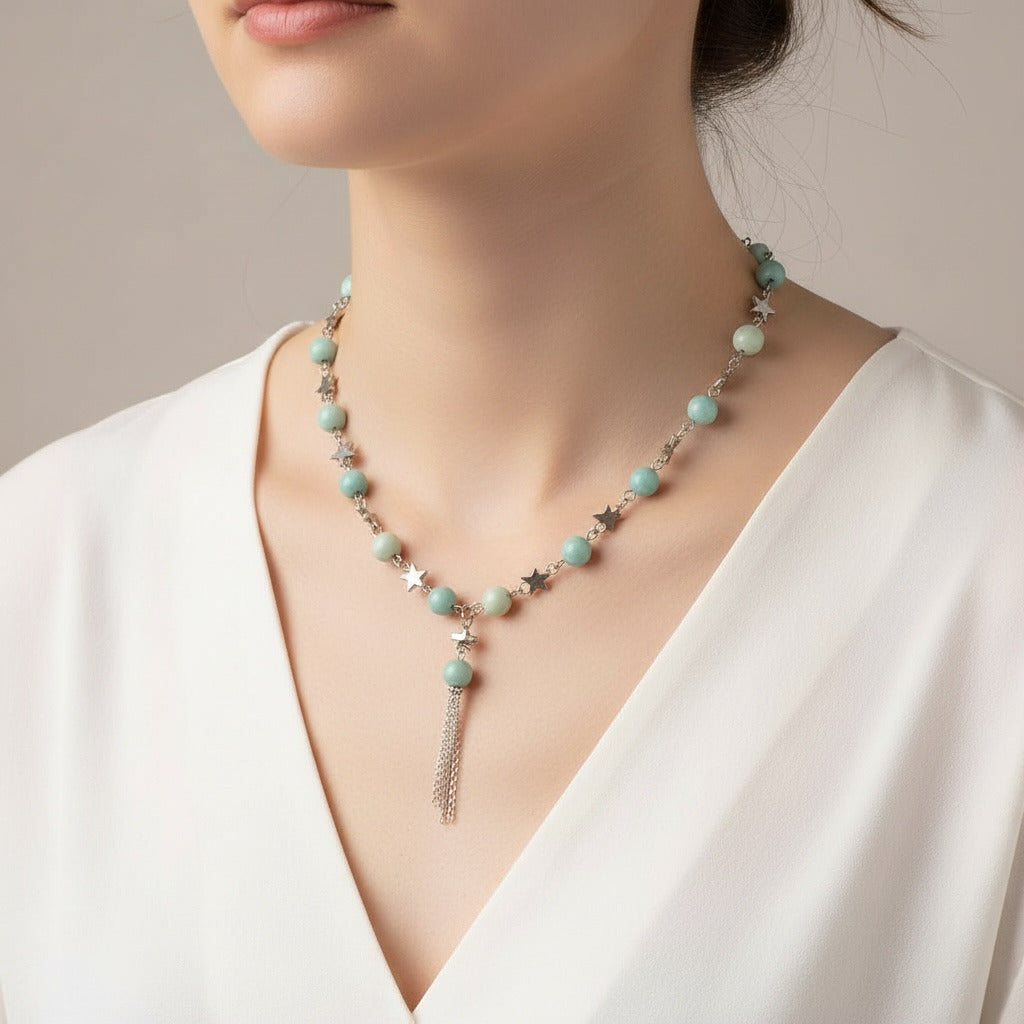 Natural Amazonite Stone minimalist Necklace with silver Stars connectors
