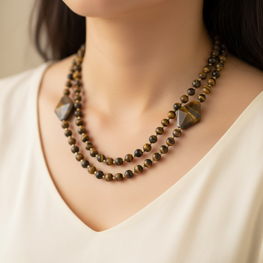 Tiger Eye Double Layer Beaded Necklace with Geometric Stones