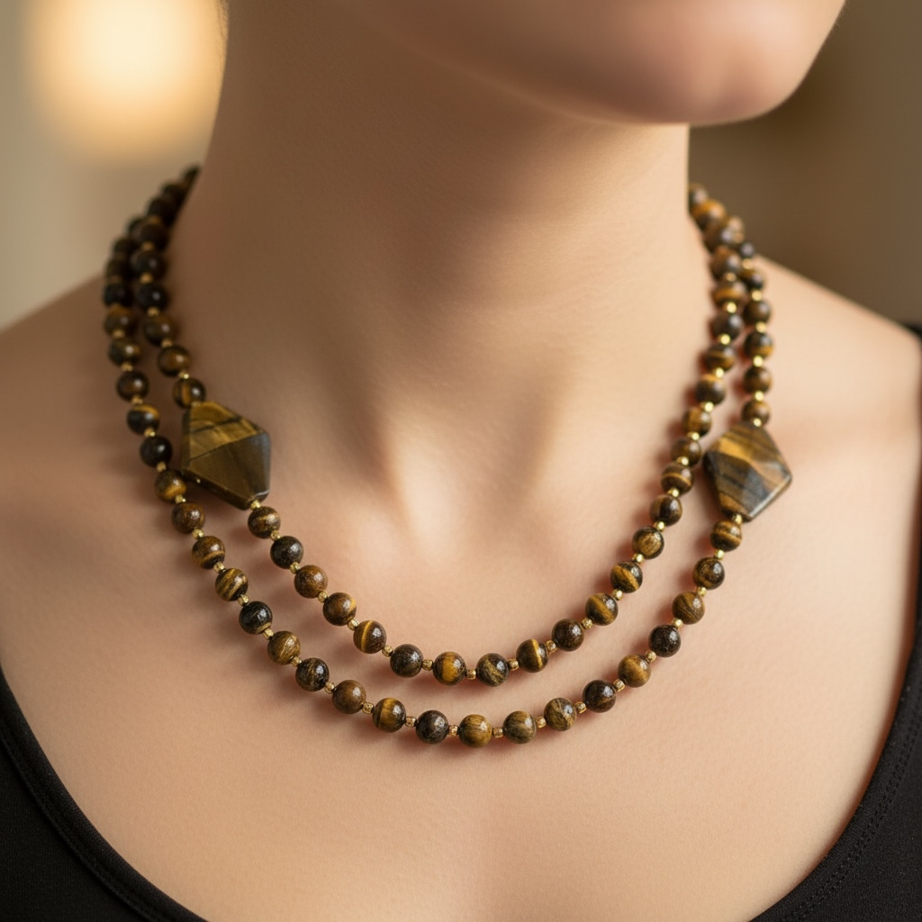 Tiger Eye Double Layer Beaded Necklace with Geometric Stones