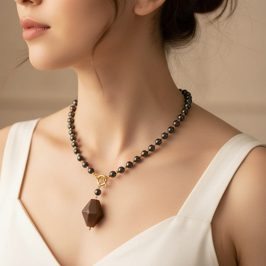 Black Tourmaline Beaded (Single Layer) Necklace with Geometric Pendant for Protection & Aura Cleansing