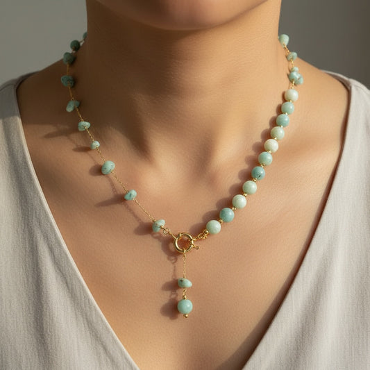Amazonite Chips & Beaded Stone with Golden Y-Chain Necklace