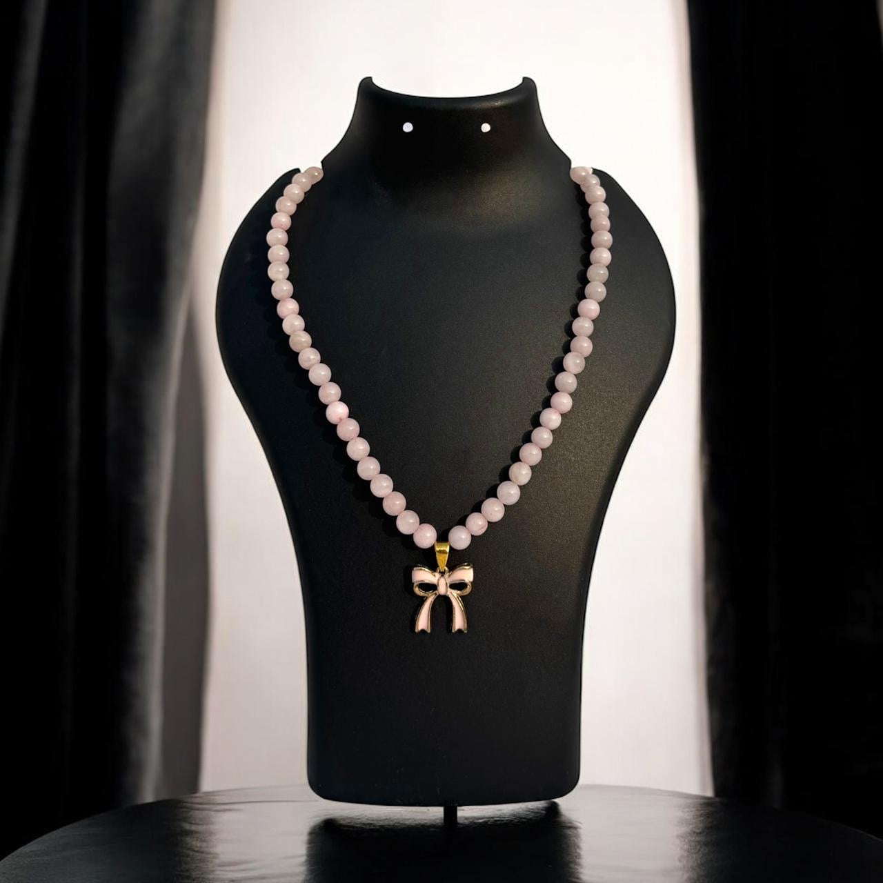 Rose Quartz Love & Elegance Necklace – with Golden Bow Pendant