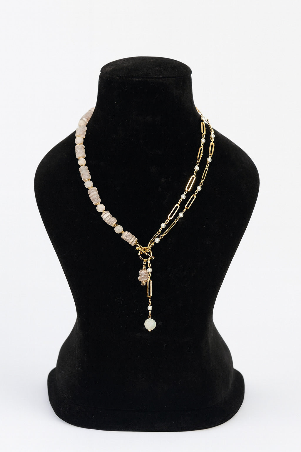 Rose Quartz Round & Hishi Beads Y- Necklace—Anti Tarnish Golden Chain