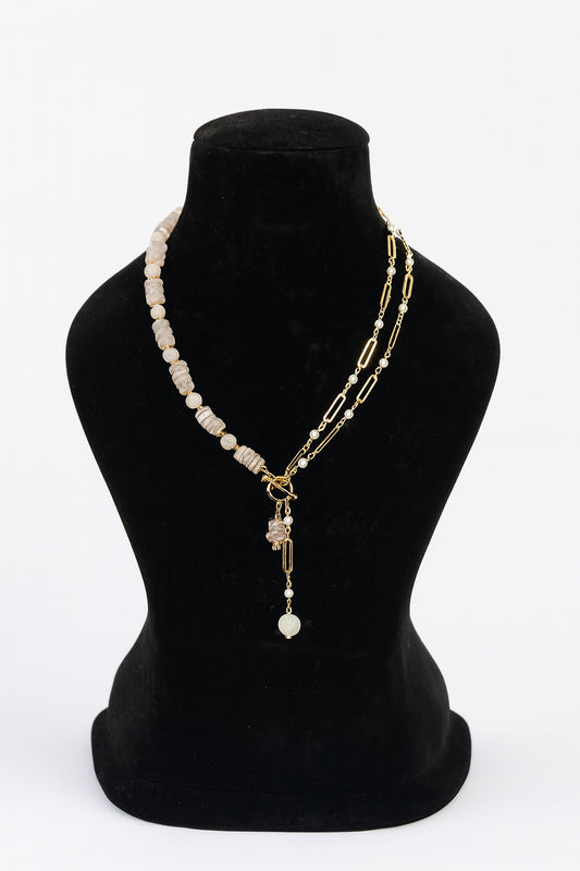 Rose Quartz Round & Hishi Beads Y- Necklace—Anti Tarnish Golden Chain