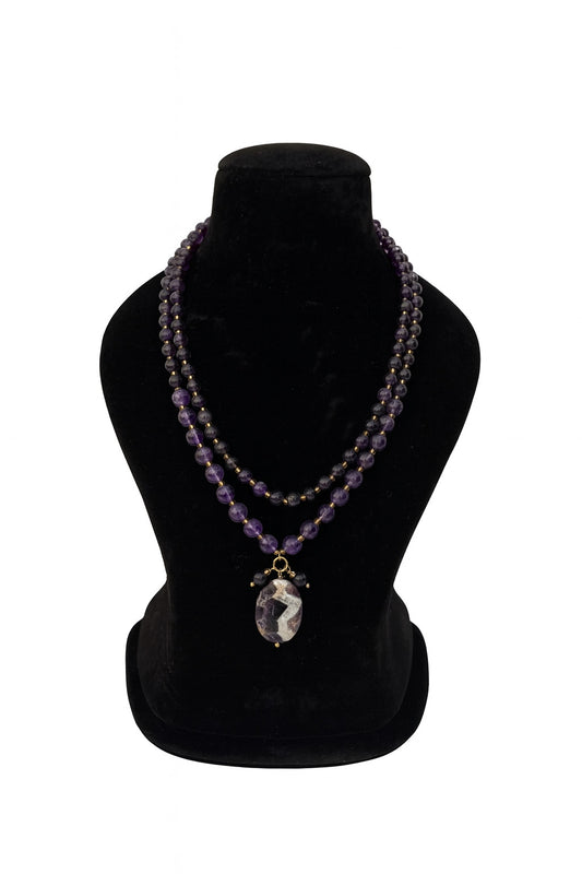 Amethyst Double Layer Necklace With oval Drop Pendant