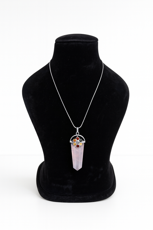 Rose Quartz Seven Chakra Pendant with Anti Tarnish Chain