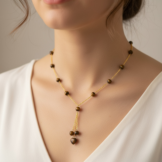 Tiger Eye Drop Beads —Gold Anti Tarnish Y-Chain Minimalist Necklace