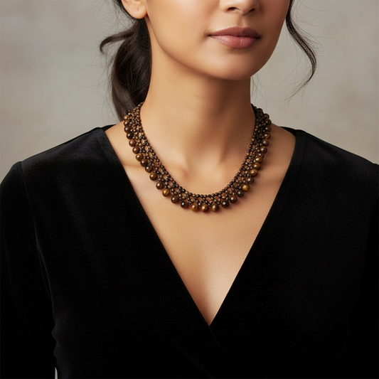 Natural Tiger eye Statement necklace— beaded design choker