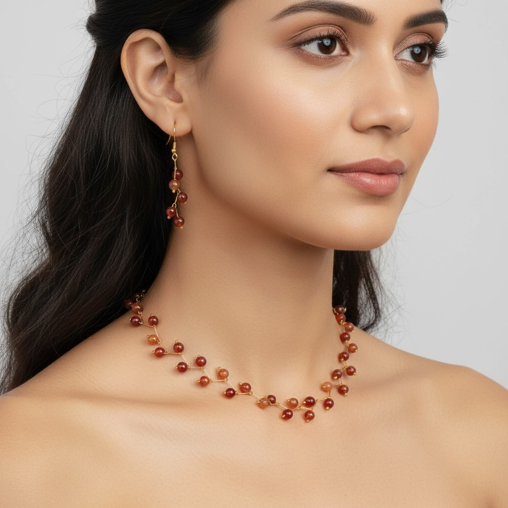 Carnelian Vine Design— Beaded choker Necklace with Earrings