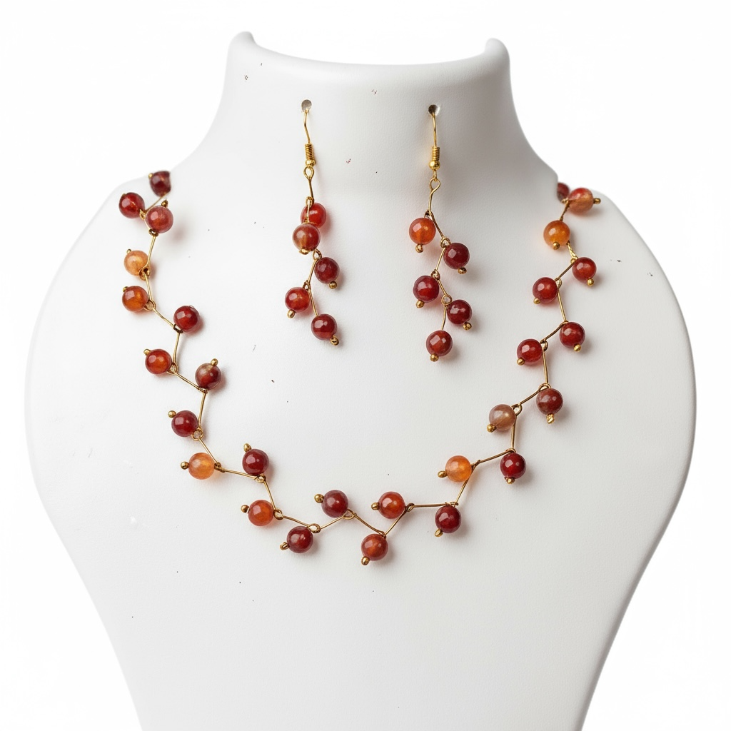 Carnelian Vine Design— Beaded choker Necklace with Earrings