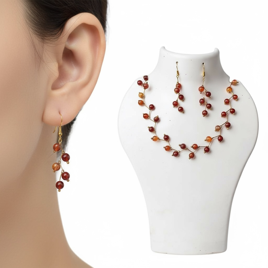 Carnelian Vine Design— Beaded choker Necklace with Earrings