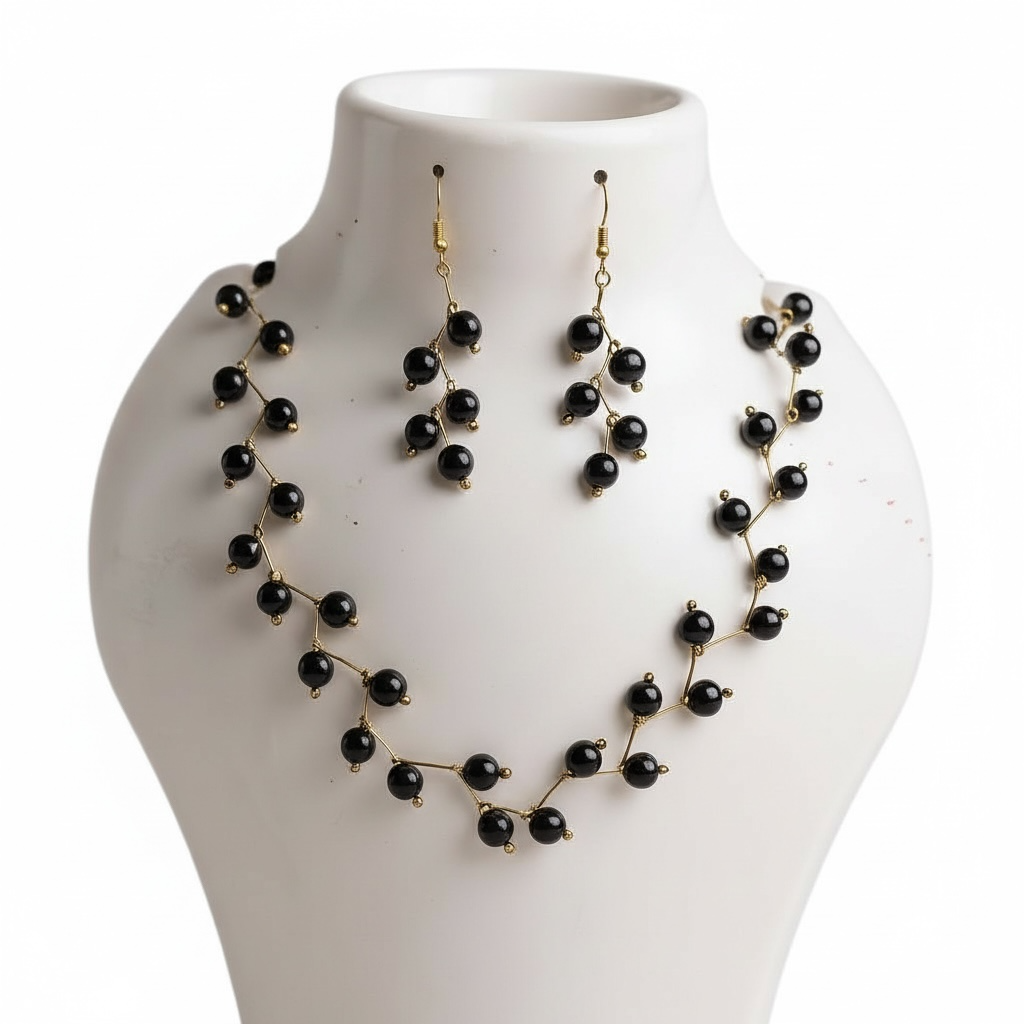 Black tourmaline Vine Design— Beaded choker Necklace with Earrings