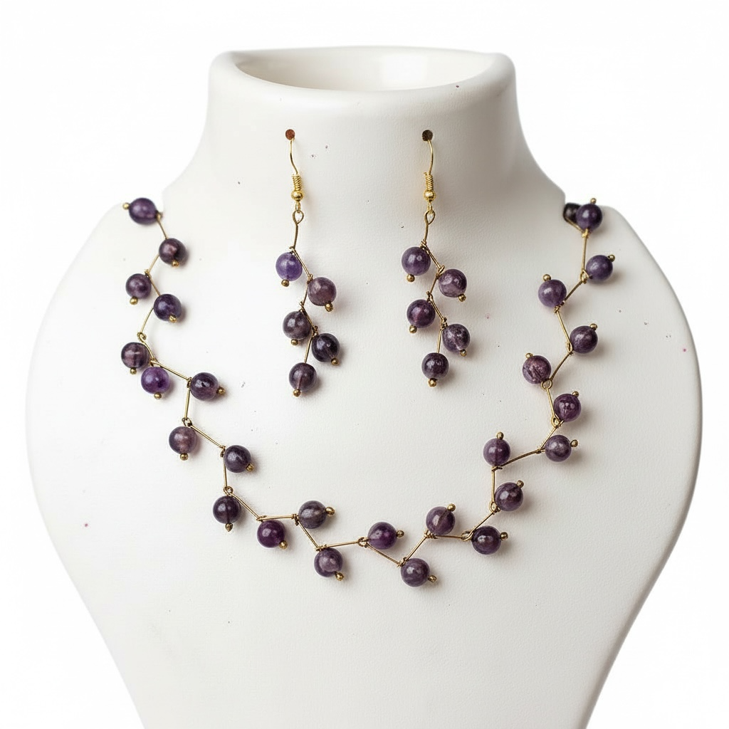 Amethyst Vine Design— Beaded choker Necklace with Earrings