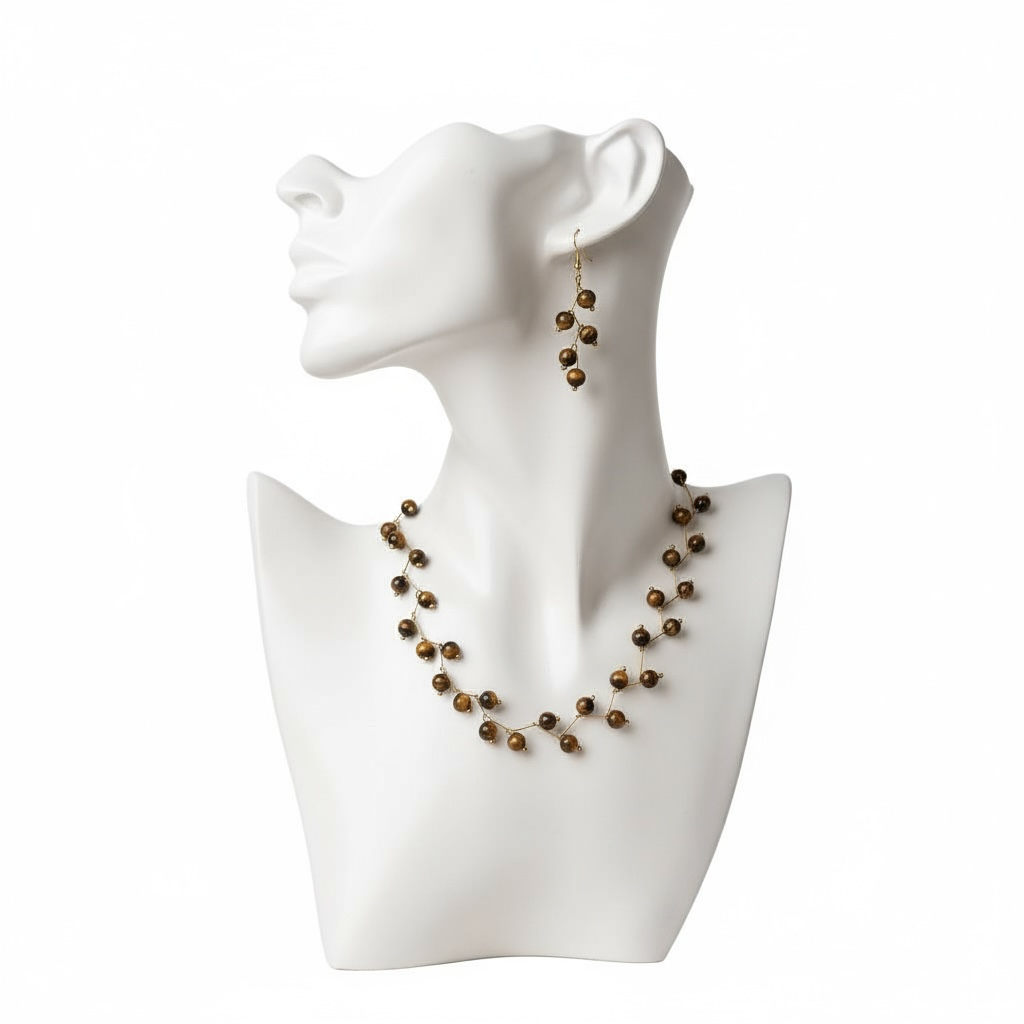 Tiger Eye Vine Design – Beaded Choker Necklace with Earrings