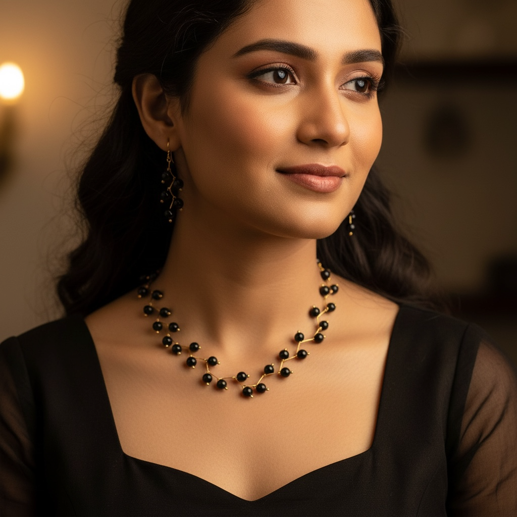 Black tourmaline Vine Design— Beaded choker Necklace with Earrings