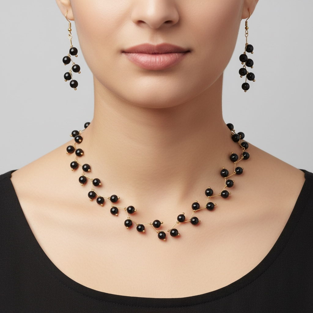 Black tourmaline Vine Design— Beaded choker Necklace with Earrings