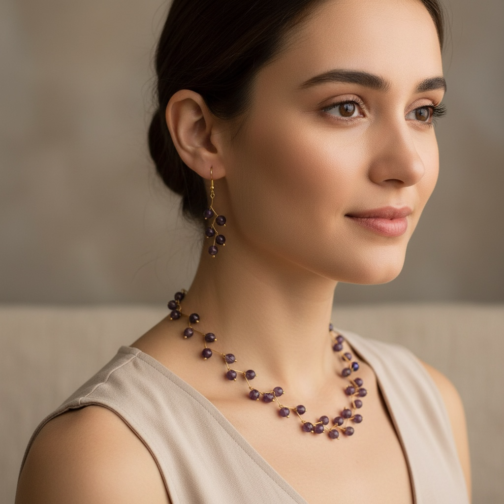 Amethyst Vine Design— Beaded choker Necklace with Earrings