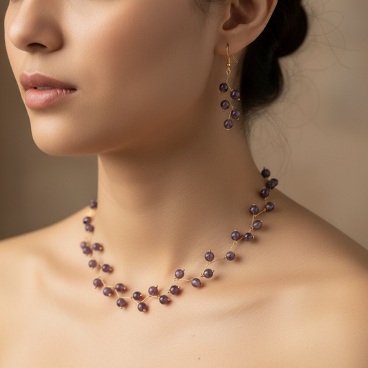 Amethyst Vine Design— Beaded choker Necklace with Earrings