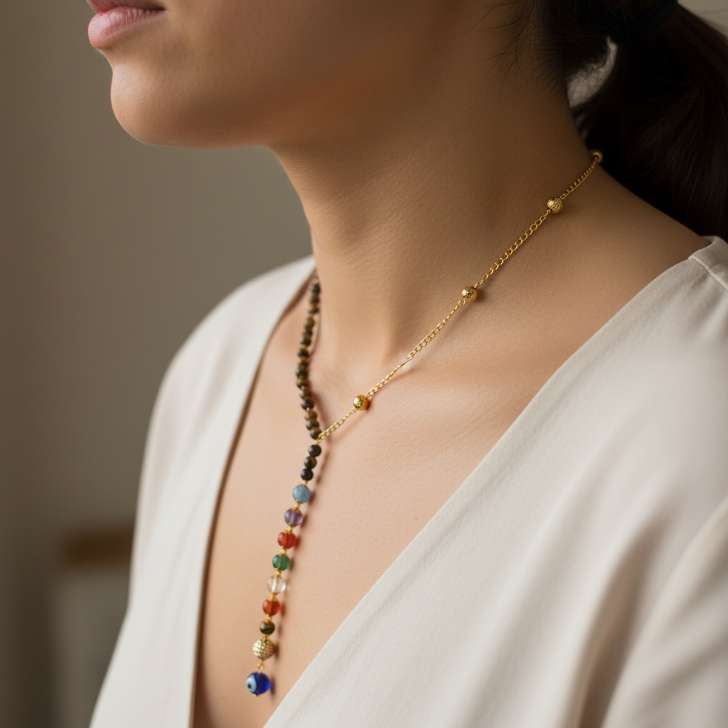 Tiger Eye with 7 Chakras Y-Shaped Beaded Necklace