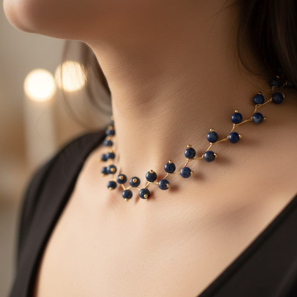 Lapis Lazuli Vine Design— Beaded Choker Necklace