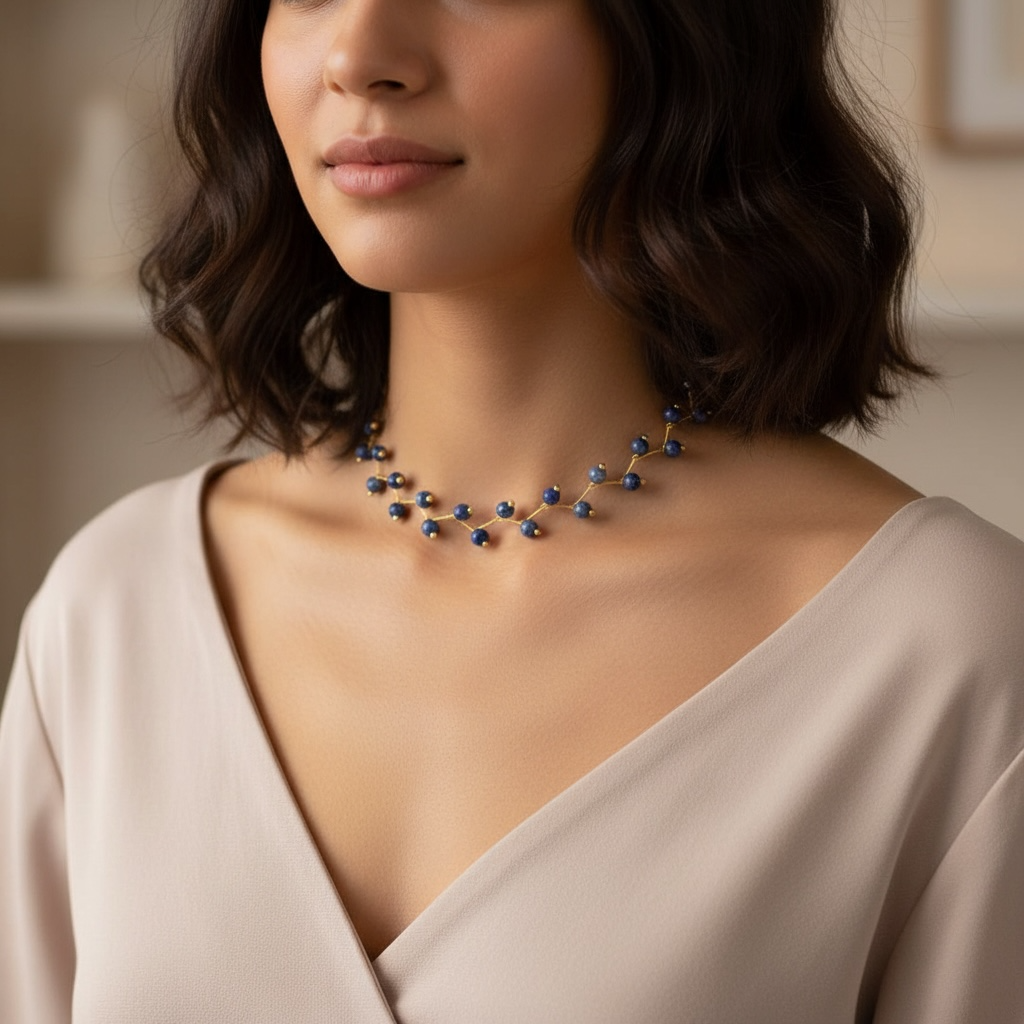 Lapis Lazuli Vine Design— Beaded Choker Necklace