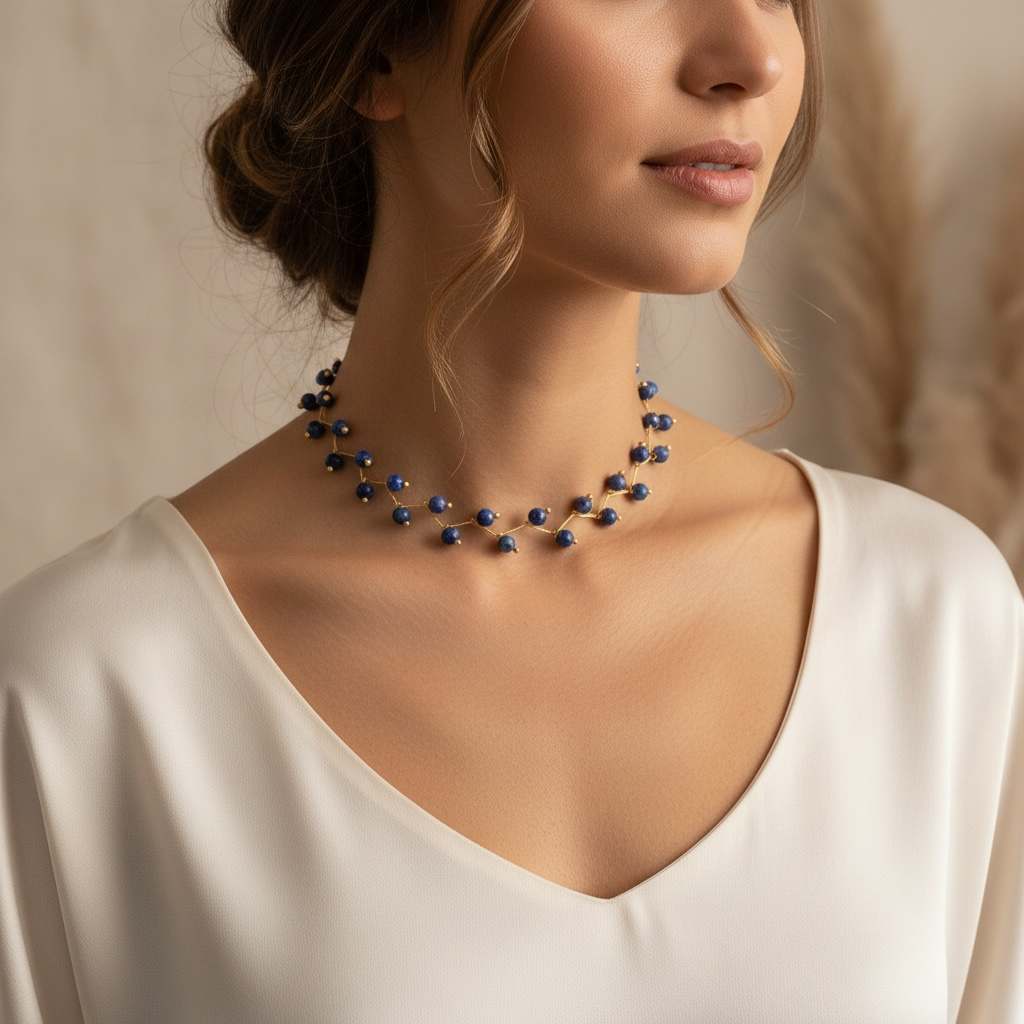 Lapis Lazuli Vine Design— Beaded Choker Necklace