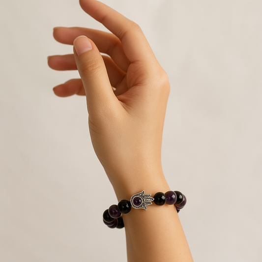 Amethyst & Black Tourmaline Protection Bracelet with Hamsa Charm