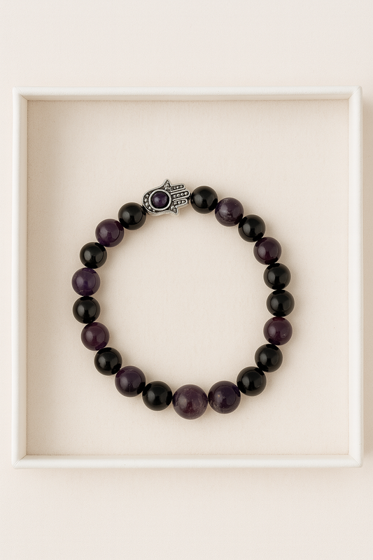 Amethyst & Black Tourmaline Protection Bracelet with Hamsa Charm