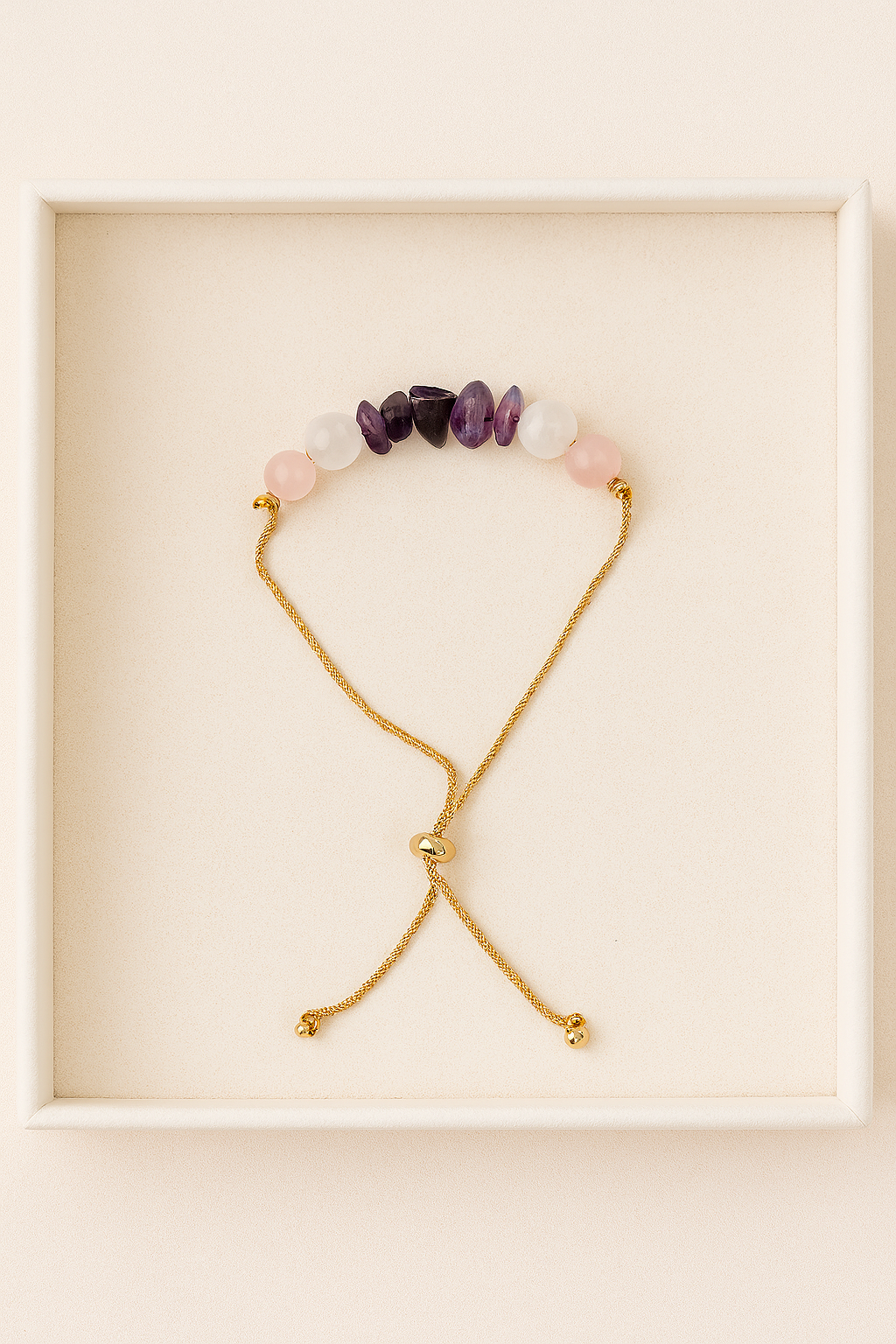 Amethyst, Rose Quartz & Clear Quartz Adjustable Chip Bracelet