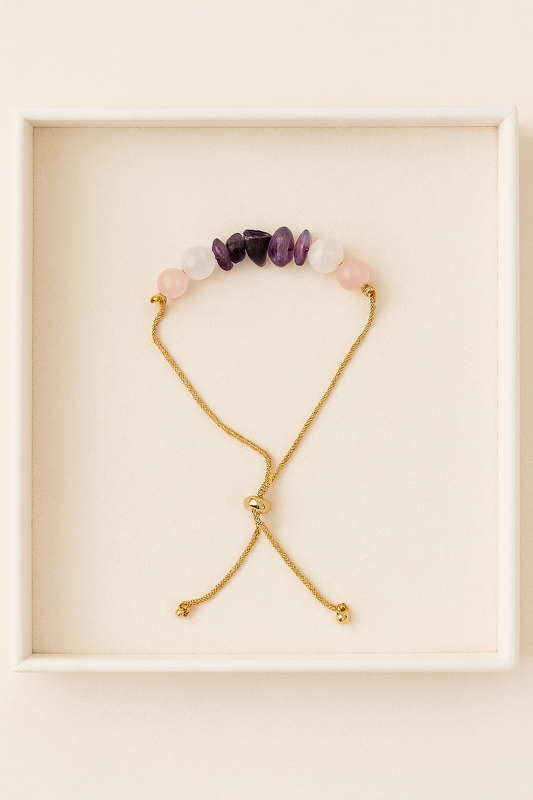 Amethyst, Rose Quartz & Clear Quartz Adjustable Chip Bracelet