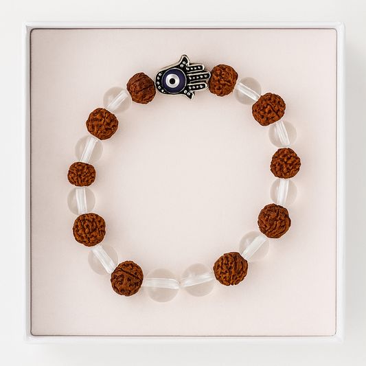 Rudraksha & Clear Quartz Protection Bracelet – with Hamsa Evil Eye Charm