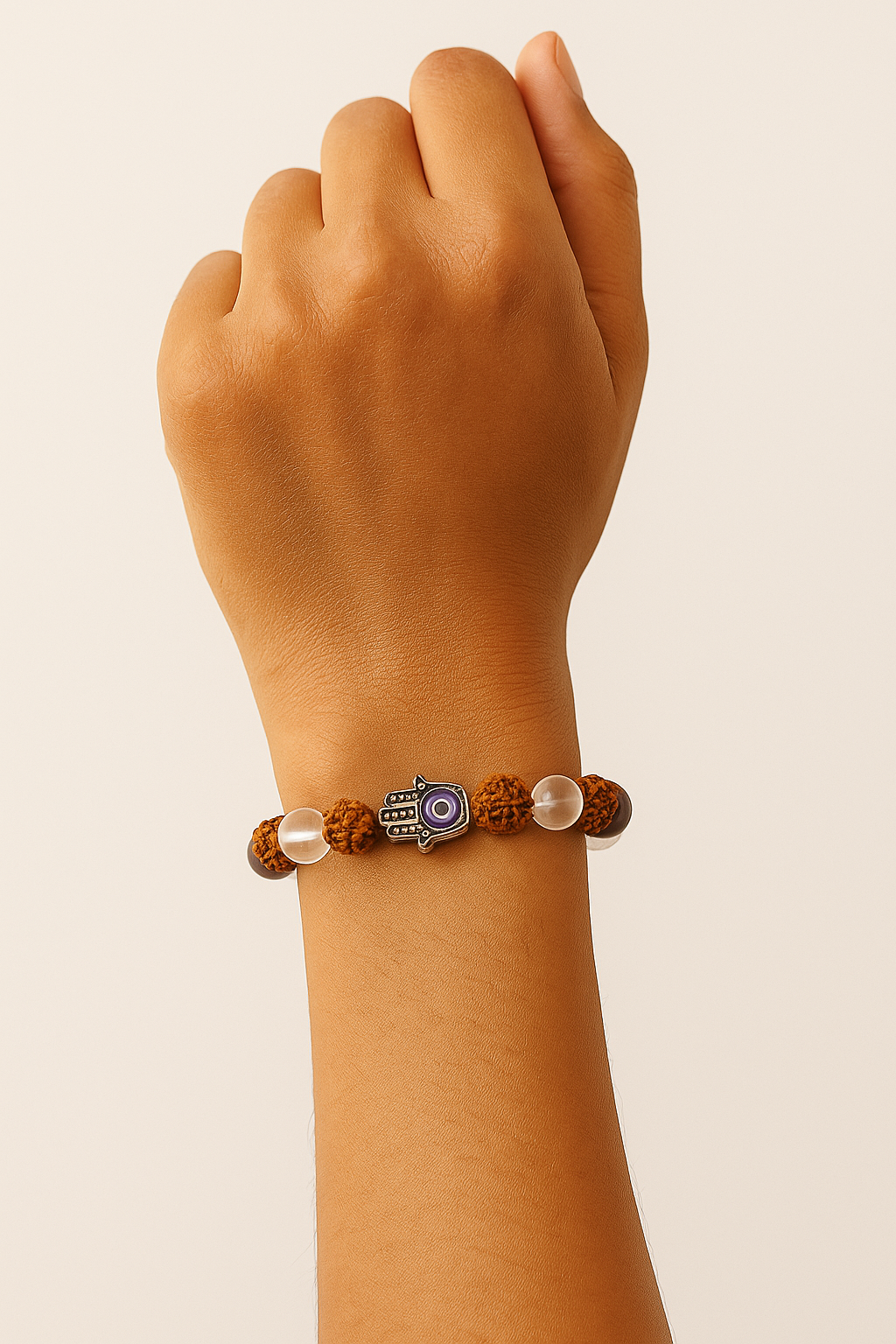 Rudraksha & Clear Quartz Protection Bracelet – with Hamsa Evil Eye Charm