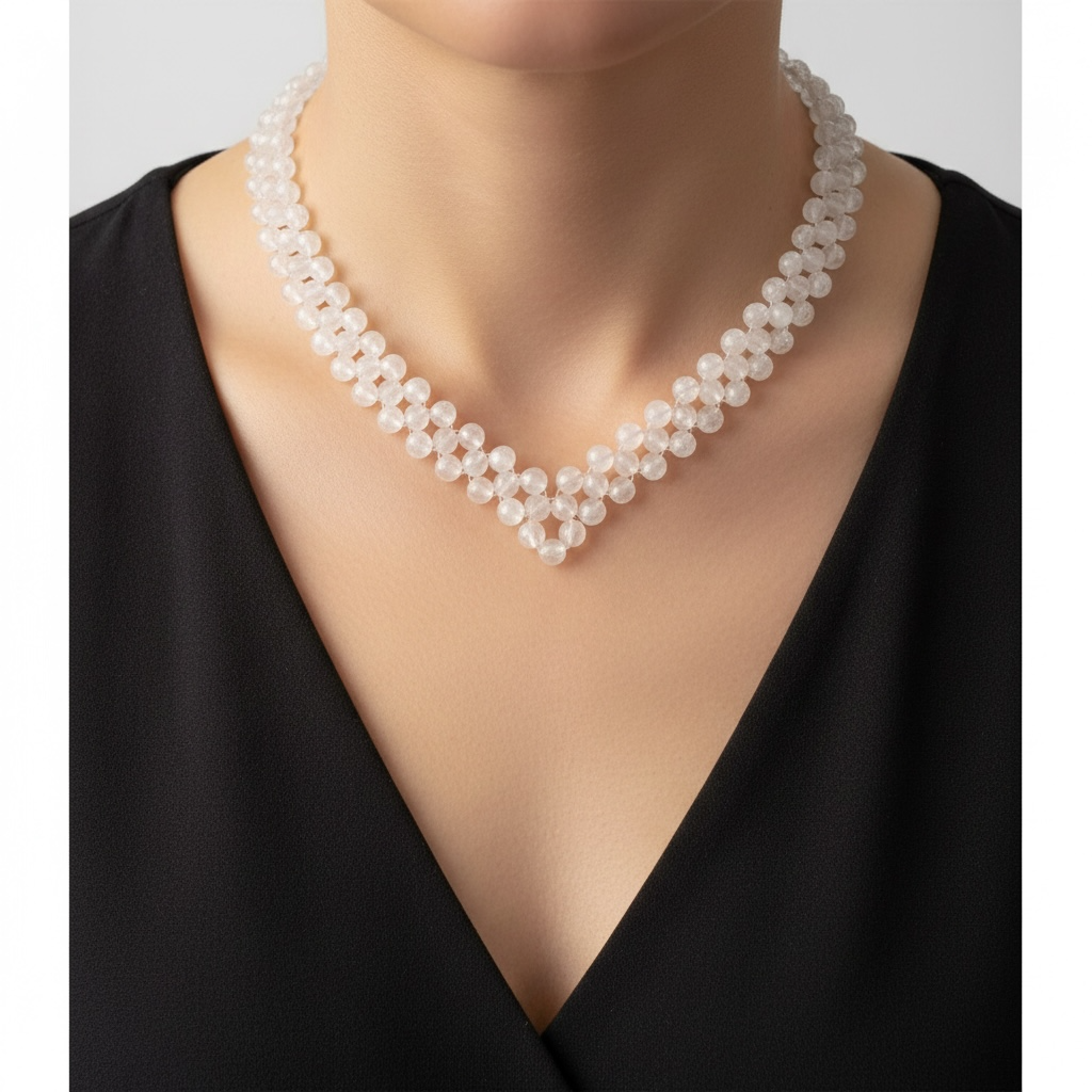 Clear Quartz 6mm Beaded V-Shape Necklace – Master Healer Crystal for Clarity, Energy & Balance