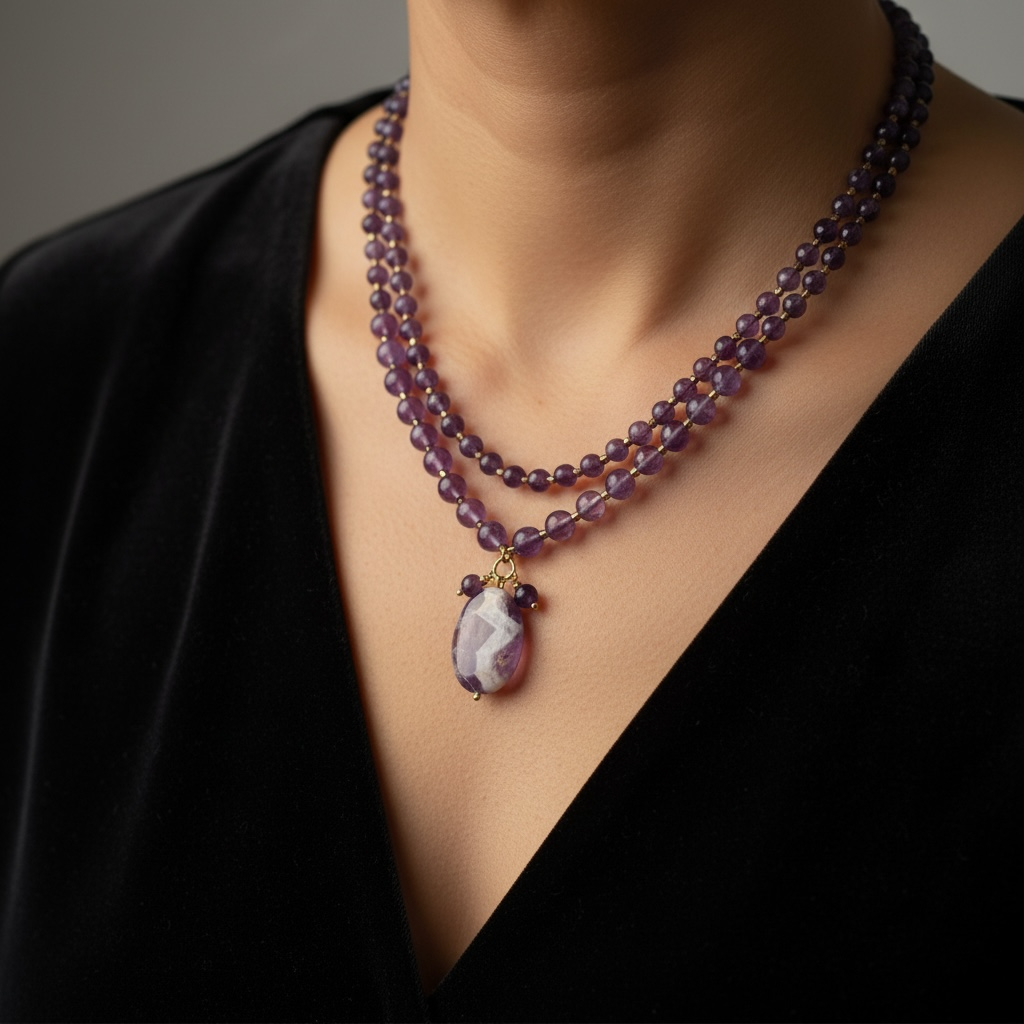 Amethyst Double Layer Necklace With oval Drop Pendant