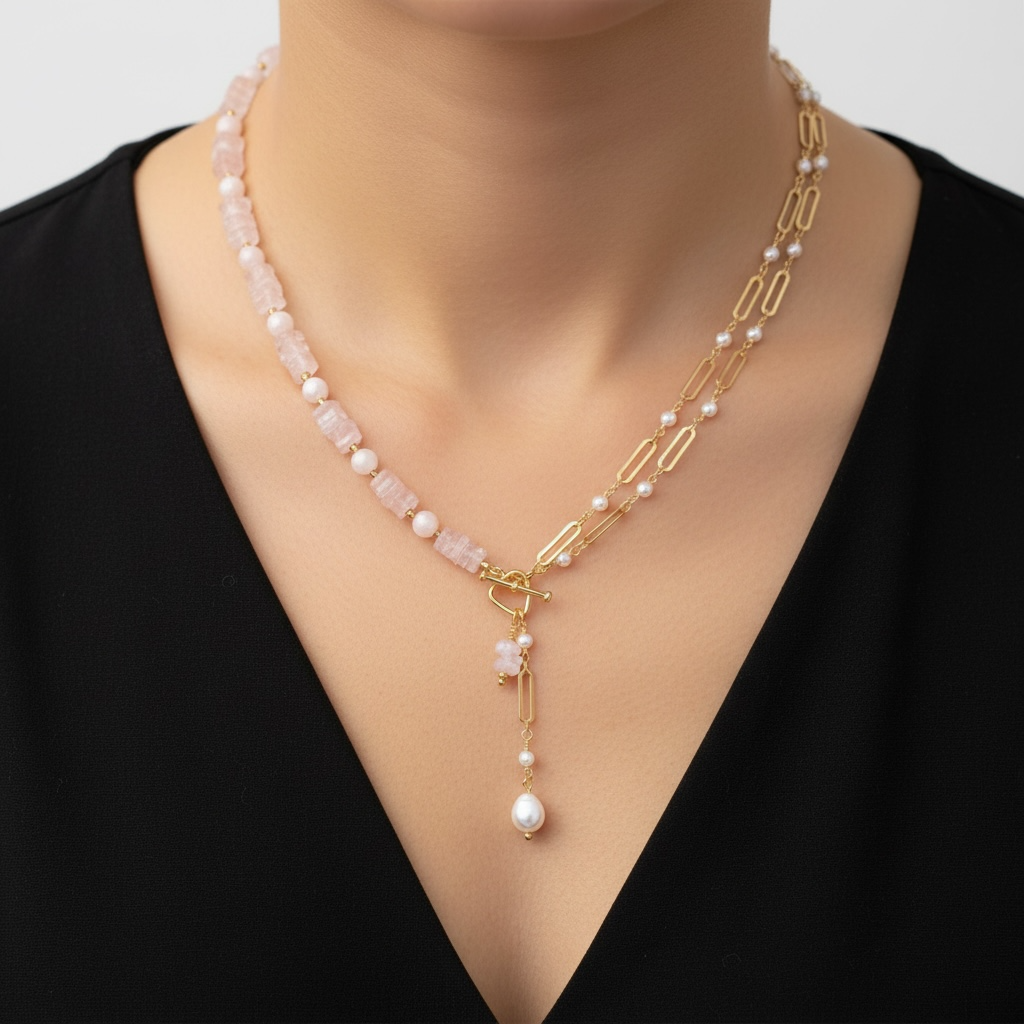 Rose Quartz Round & Hishi Beads Y- Necklace—Anti Tarnish Golden Chain